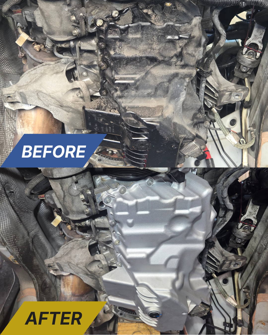 Before and after of a cleaned and restored engine oil pan and undercarriage