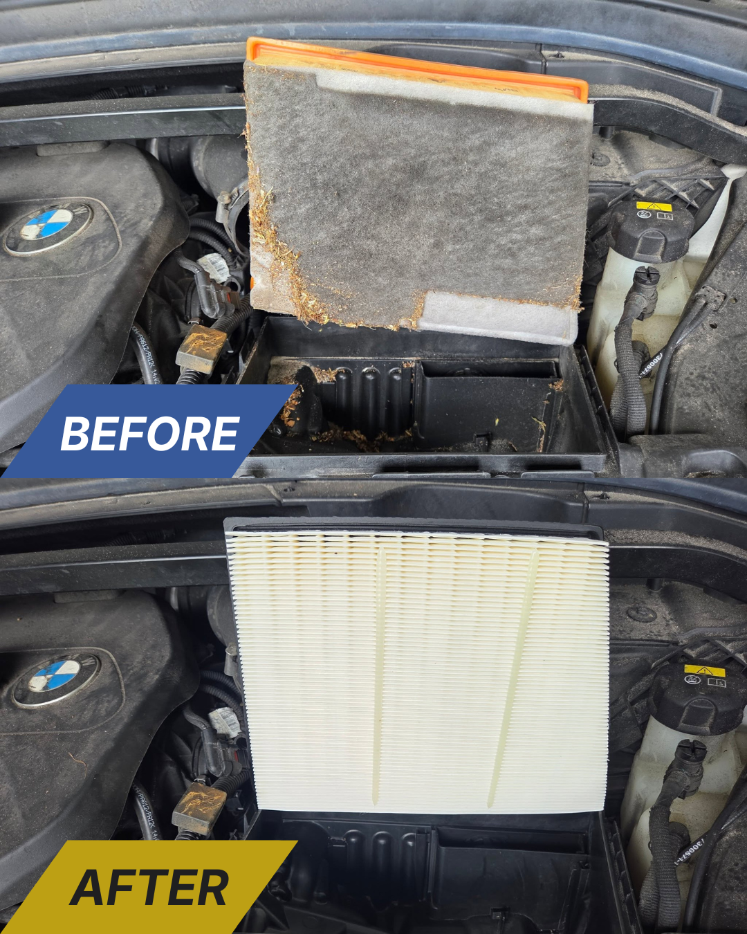 Before and after of a clogged engine air filter replaced with a fresh clean filter on a BMW