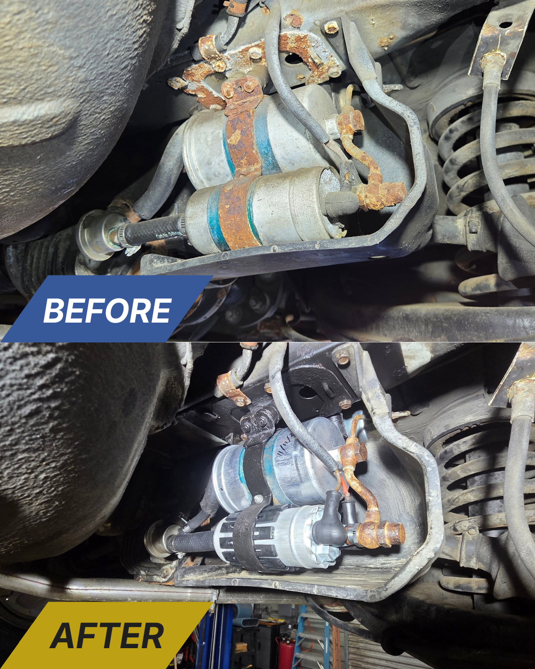Before and after of rusty suspension and steering components replaced with new parts
